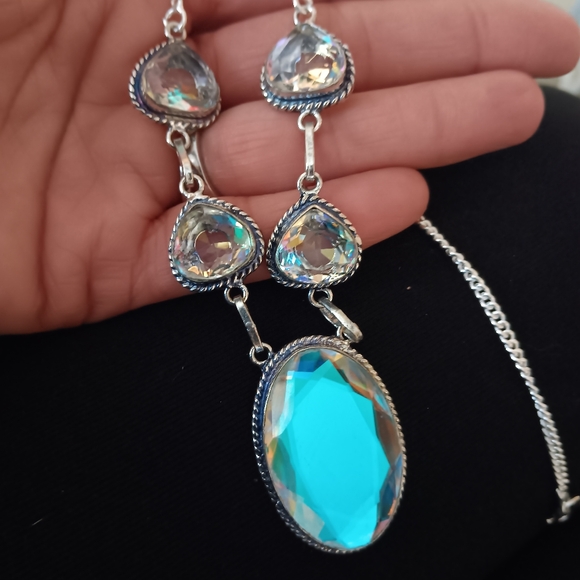 🩵Rainbow Topaz Gemstone Vintage Necklace 925 stamped Sterling Silver - Picture 2 of 6